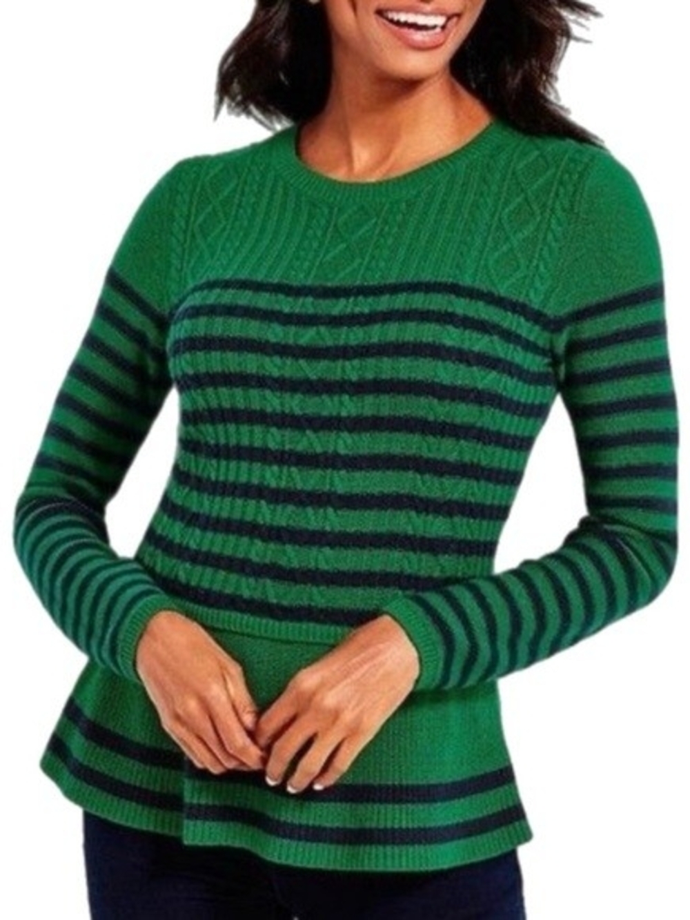 Talbots Cotton Cashmere Cable Knit Peplum Sweater Green Black Long Sleeve